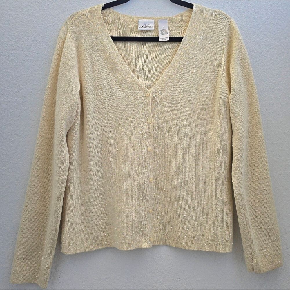 Villager Off White Knit Sequin Cardigan Sweater Size M Holiday Grandma Old Money